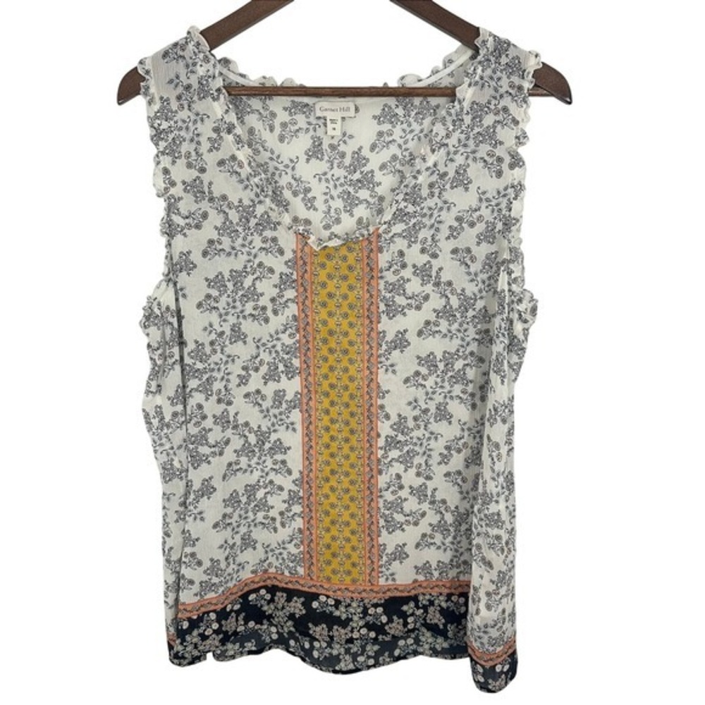 Garnet Hill Size 16 100% Silk Floral Tank Sleeveless Shirt White Yellow Feminine